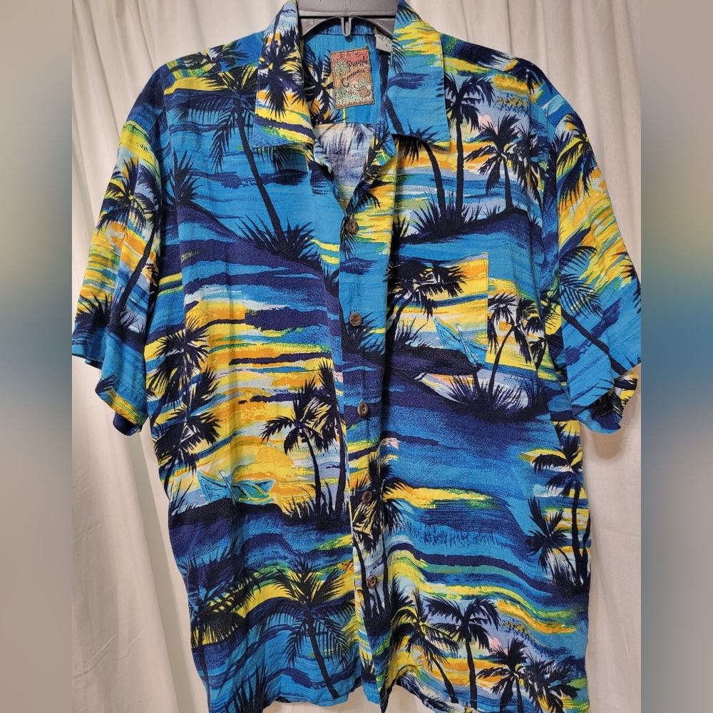 Vtg Vibrant Hawaiian Connection Shirt Mens L canoe Palm Trees Made In‎ Korea